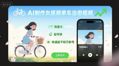 AI制作女孩骑单车治愈视频，流量大，起号快，快速起千粉万粉号-西瓜1886社区