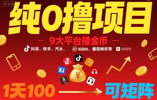 纯0撸项目，9大平台撸金币，抖音，快手，汽水，番茄畅听等，1天100，可矩阵-西瓜1886社区