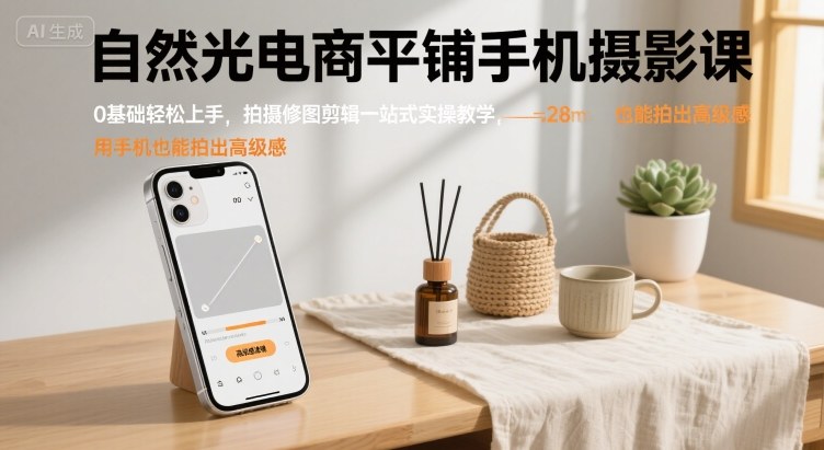 自然光电商平铺手机摄影课，0基础轻松上手，拍摄修图剪辑一站式实操教学，用手机也能拍出高级感-西瓜1886社区