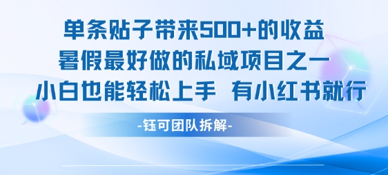 单条贴子带来5张的收益，暑假最好做的私域项目之一，小白也能轻松上手，有小红书就行-西瓜1886社区