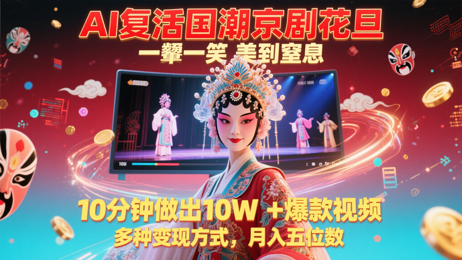 AI复活国潮京剧花旦，一颦一笑美到窒息，10分钟做出10W+爆款视频，多种变现方式-西瓜1886社区