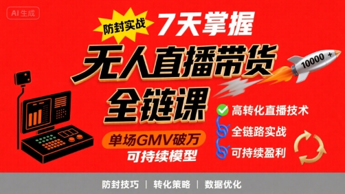 无人直播带货全链防封实战课，7天掌握高转化直播技术，实现单场GMV破万可持续模型-西瓜1886社区